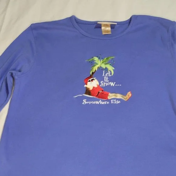 Santa On a Beach Christmas "Let It Snow Somewhere Else" Blue Longsleeve Lg Shirt - Picture 6 of 13